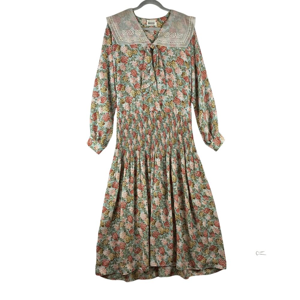 Vintage Leslie Fay Smocked Drop Waist Sailor Maxi Dress Women 38”Bust M/L Floral